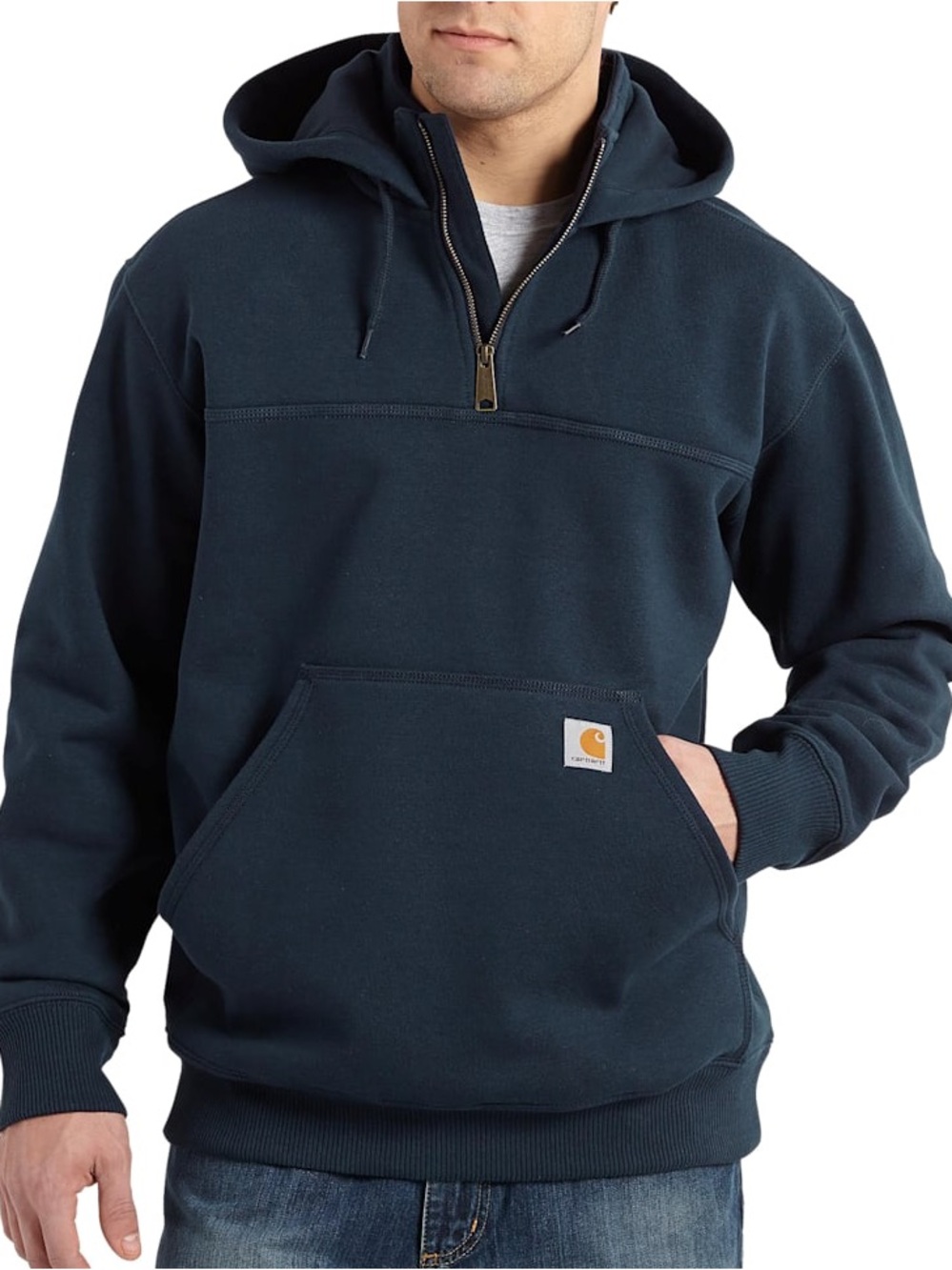 Carhartt Rain Defender Heavyweight 1/4 Zip Hoodie Pocket Logo Patch Navy L
